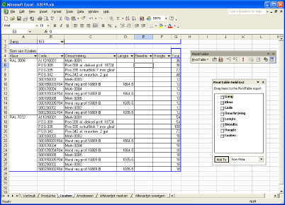 Rapportage in Excel van te coaten onderdelen uit AutoCAD tekening