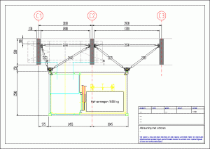 AutoCAD tekening van afsteuning van een tijdelijkelift tegen de gevel van een flatgebouw